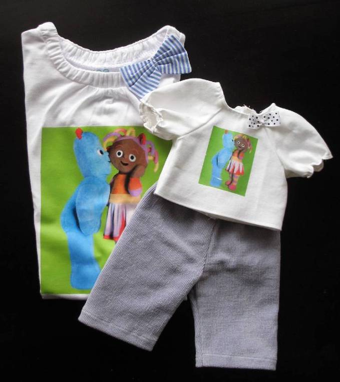 MORE OF MARJORIE'S HANDIWORK: MATCHING T-SHIRTS FOR GRANDDAUGHTER AND DOLL AND DOLL PANTS